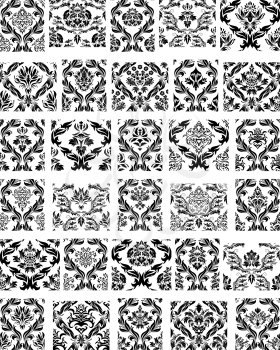 Set of Thirty Damask Seamless Vector Patterns.  Elegant Design in Royal  Baroque Style Background Texture. Floral and Swirl Elements. Ideal for Textile Print and Wallpapers. Vector Illustration.