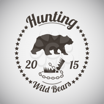 Hunting Vintage Emblem. Wild Bear Silhouette With Opened Trap.  Suitable for Advertising, Hunt Equipment, Club And Other Use. Dark Brown Retro Style.  Vector Illustration. 