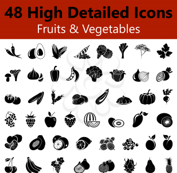 Set of High Detailed Fruits and Vegetables Smooth Icons in Black Colors. Suitable For All Kind of Design (Web Page, Interface, Advertising, Polygraph and Other). Vector Illustration. 