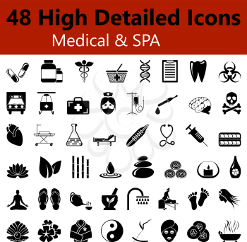 Set of High Detailed Medical and SPA Smooth Icons in Black Colors. Suitable For All Kind of Design (Web Page, Interface, Advertising, Polygraph and Other). Vector Illustration. 