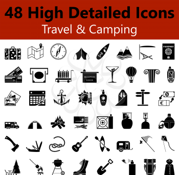 Set of High Detailed Travel and Camping Smooth Icons in Black Colors. Suitable For All Kind of Design (Web Page, Interface, Advertising, Polygraph and Other). Vector Illustration. 