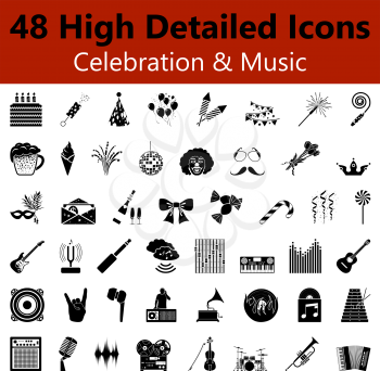 Set of High Detailed Celebration and Music Smooth Icons in Black Colors. Suitable For All Kind of Design (Web Page, Interface, Advertising, Polygraph and Other). Vector Illustration. 