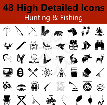 Set of High Detailed Hunting and Fishing Smooth Icons in Black Colors. Suitable For All Kind of Design (Web Page, Interface, Advertising, Polygraph and Other). Vector Illustration. 