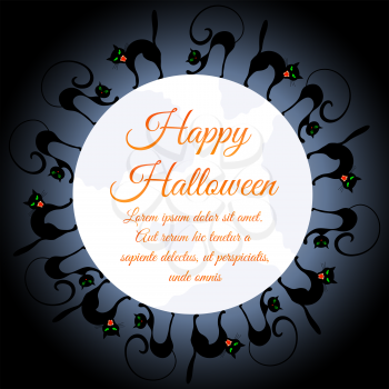 Happy Halloween Greeting Card. Elegant Design With Moon on Sky and Different Cats Around Moon.  Vector illustration.