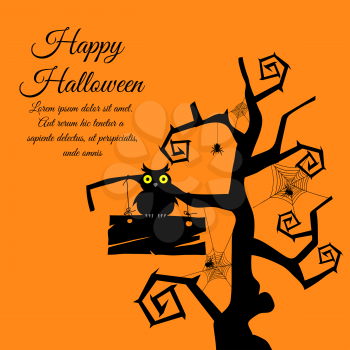 Happy Halloween Greeting Card. Elegant Design With Gothic Tree, Timber,  Owl, Webs and Spiders Over Orange Background.  Vector illustration.