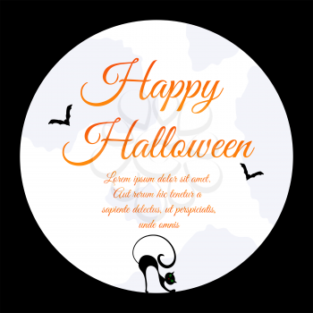Happy Halloween Greeting Card. Elegant Design With Moon on Sky, Silhouettes of Flying Bats  and Cat With Curved Back inside Moon.  Vector illustration.
