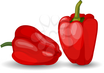Set of Two Beautiful Glossy Red Peppers over White Background. Cute Icons Suitable For Creating Food, Fall, Thanksgiving Day, Harvest Day Designs. Vector Illustration.