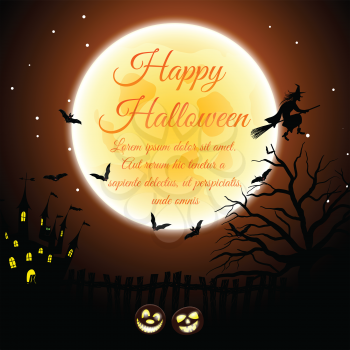 Happy Halloween Greeting Card. Elegant Design With Castle, Bats, Owl, Fency, Tree, Moon and Pumpkin  Over Orange Background. Vector illustration.