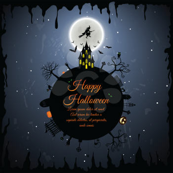 Happy Halloween Greeting Card. Elegant Design With Castle, Bats, Owl, Grave, Tree, Witch, Cemetery and Moon Over Grunge Dark Blue Starry Sky Background. Vector illustration.