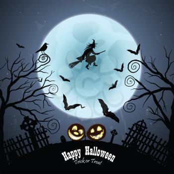Happy Halloween Greeting Card. Elegant Design With Bats, Owl, Grave, Cemetery, Fence, Moon, Tree and Witch Over Grunge Dark Blue Starry Sky Background. Vector illustration.