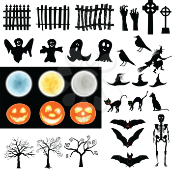 Halloween Holiday Elements Set. Collection With Bat, Ghost, Grave, Tree, Moon, Pumpkin, Witch, Skeleton and Cat Over White Background for Creating Halloween Designs.  Vector illustration.