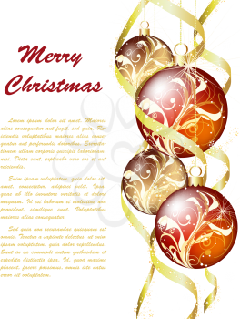 Elegant Christmas Greeting Card With Ribbons, Balls and Snowflakes on it.White Background with Text Space.  Also Suitable for Ney Year Cute Design. Vector Illustration.