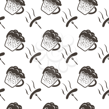 Seamless Oktoberfest Pattern With Ornate From Mugs of Beer and Forks with Sausages.  Suitable for Fest Attributes, Pub Equipment  And Other Use. Vector Illustration.