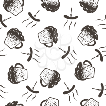 Seamless Oktoberfest Pattern With Ornate From Mugs of Beer and Forks with Sausages.  Suitable for Fest Attributes, Pub Equipment  And Other Use. Vector Illustration.