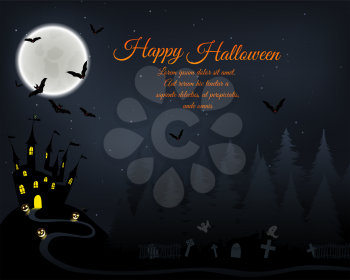 Halloween Greeting (Invitation)  Card. Elegant Design With Castle in Fir Forest, Flying Bats, Moon and Cemetery With Ghosts  Over Grunge Dark Blue Starry Sky Background. Vector illustration.
