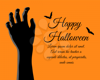 Happy Halloween Greeting (Invitation) Card. Elegant Design With Rising Zombie Hand and Bats Over Orange Background. Vector illustration.