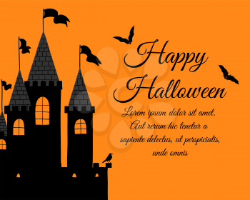 Happy Halloween Greeting (Invitation) Card. Elegant Design With Castle, Raven and Bats Over Orange Background. Vector illustration.