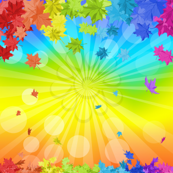 Autumn  frame with falling  maple leaves in rainbow colors and sun beams over rainbow background. Elegant design with ideal balanced colors. Vector illustration.