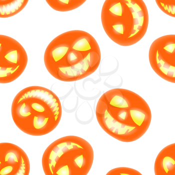 Halloween holiday seamless pattern with smiling pumpkins over white background for creating Halloween designs.  Vector illustration.