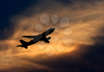 Passenger jet airplane silhouette in blurred sunset sky. Vector illustration. 