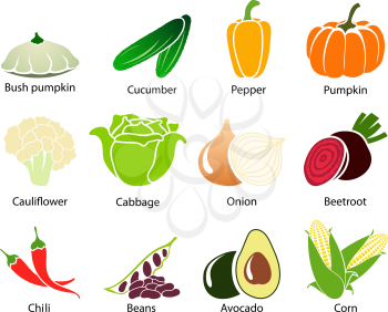 Set of cute vegetable icons with title over white background. Vector illustration.