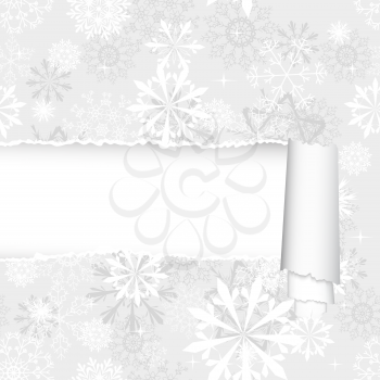 Snowflakes pattern with ripped torn paper stripe. Vector illustration.