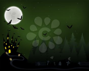Halloween Greeting (Invitation)  Card. Elegant Design With Castle in Fir Forest, Flying Bats, Moon and Cemetery With Ghosts  Over Grunge Dark Green Starry Sky Background. Vector illustration.