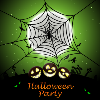 Happy Halloween Greeting (Invitation)  Card. Elegant Design With Smiling Pumpkin in Front of Moon and Spider With Web Over Grunge Green Background. Vector illustration.