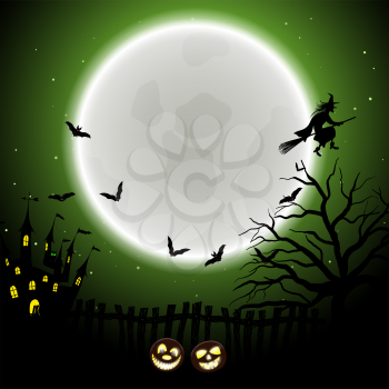 Happy Halloween Greeting Card. Elegant Design With Castle, Bats, Owl, Fence, Tree, Moon and Pumpkin  Over Green Background. Vector illustration.