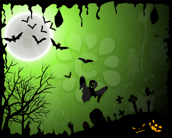 Happy Halloween Greeting Card. Elegant Design With Bats, Spooky, Grave, Cemetery, Tree and Moon  Over Green Grunge Starry Sky Background With Ink Blots. Vector illustration.