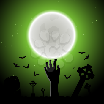 Happy Halloween Greeting Card. Elegant Design With Zombie Hand, Bat, Grave, Cemetery and Moon  Over Grunge Dark Green Starry Sky Background. Vector illustration.