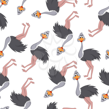 Seamless Pattern From Funny Cartoon Character Ostrich With Wide Smile Over White Background.  Tropical and Zoo  Fauna. Vector illustration. 