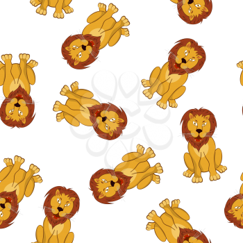 Seamless Pattern From Funny Cartoon Character Lion With Growl Opened Mouth Sitting on a Floor Over White Background. Hand Drawn in Front View Elegant Cute Design. Vector illustration. 