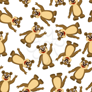 Seamless Pattern From Funny Cartoon Character Bear  With Smile and  Waving Paw Over White Background. Hand Drawn in Front  View Elegant Cute Design. Vector illustration. 