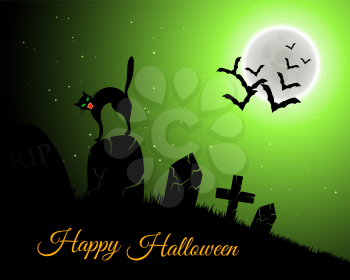 Happy Halloween Greeting Card. Elegant Design With Cemetery, Cat on Grave, Moon on Green Starry Sky and Silhouettes of Flying Bats.  Vector illustration.