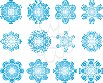Set of Twelve Circle Snowflakes Ornaments. Vector Illustration.