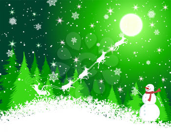Elegant Christmas greeting card with winter fir forest, Santa Claus with deers and snowman swinging hand. Green background with white copy space.  Also suitable for new year cute design. Vector illust