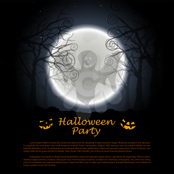 Halloween greeting (invitation) card. Elegant design with night forest and flying smiling ghost in front of moon over grunge dark blue starry sky background. Vector illustration.