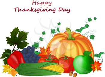 Thanksgiving day greeting card. Design consist from pumpkin, pepper, tomato, apple, grape, corn, maple leaves and oak acorns on white background.  Very cute and warm colors. Vector illustration.