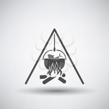 Fishing icon with fire and pot over gray background. Vector illustration.
