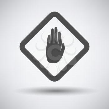 Warning hand icon on gray background with round shadow. Vector illustration.
