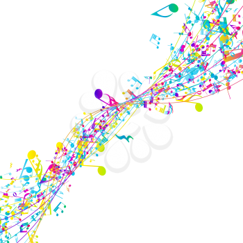 Multicolor musical design from music staff elements with copy space. Elegant creative design isolated on white. Vector Illustration.
