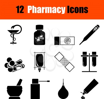 Set of twelve pharmacy black icons. Vector illustration.