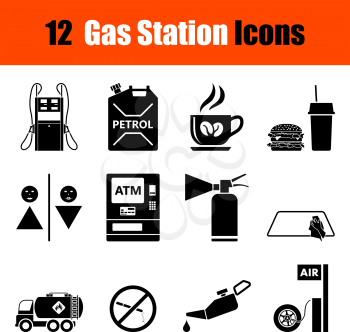 Set of twelve Petrol station black icons. Vector illustration.