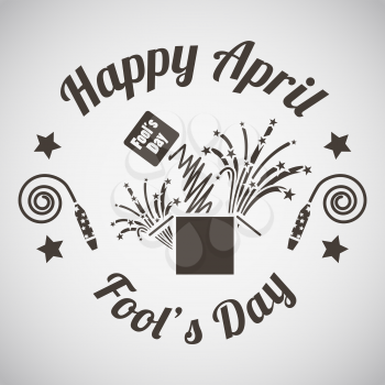 April fool's day emblem with surprise box. Vector illustration.