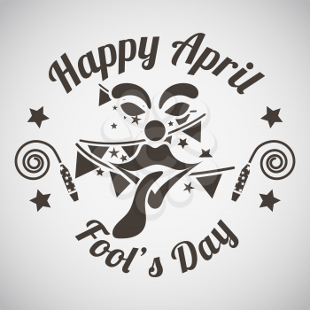 April fool's day emblem with clown face and tongue. Vector illustration.