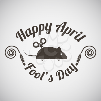 April fool's day emblem with clockwork mouse. Vector illustration.