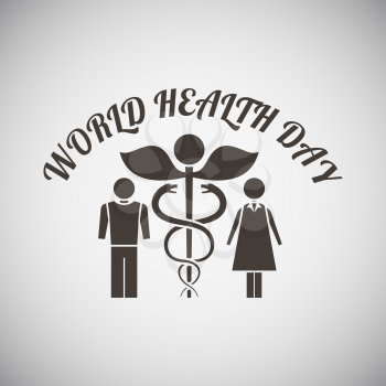 Health day emblem with medicine symbol and man with woman on side of it on grey background. Vector illustration.