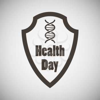 Health day emblem with shield and DNA symbol on it on grey background. Vector illustration.