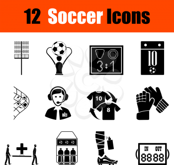 Set of twelve soccer black icons. Vector illustration.
